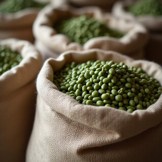 Sacos de café verde de comercio justo apilados